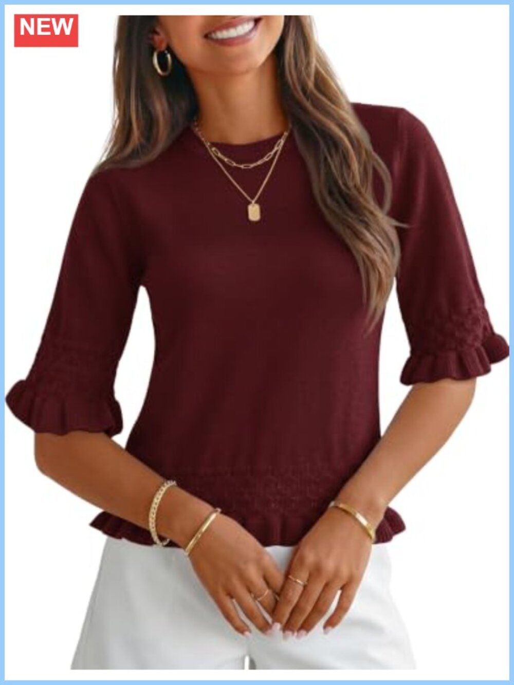 Womens 3/4 Sleeve Peplum Sweater Crewneck Knit Pullover Top